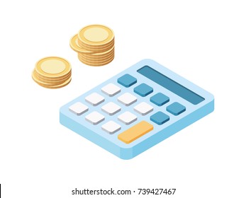 Calculator With Coins In Isometric. Vector Illustration.