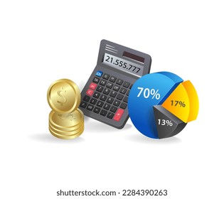 Calculadora, monedas y gráfico circular sobre fondo blanco. Ilustración vectorial.