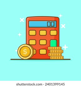 Calculator With Coins Vector Icon Illustration. Flat Cartoon Style Suitable for Web Landing Page, Banner, Flyer, Sticker, Card, Background