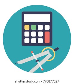 Calculator with compass, flat vector icon