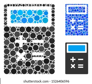 Calculator composition for calculator icon of filled circles in variable sizes and color hues. Vector filled circles are grouped into blue illustration.