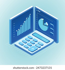 Calculator concept illustration with charts Financial and Pie Chart in a Modern Isometric Design