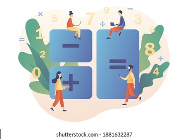 Calculator concept. Tiny people with calculating. Accounting, financial analytics, bookkeeping,  budget calculation, audit debit and credit calculations. Modern flat cartoon style. Vector illustration