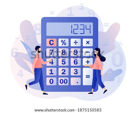 Calculator concept. Tiny people with calculating. Accounting, financial analytics, bookkeeping,  budget calculation, audit debit and credit calculations. Modern flat cartoon style. Vector illustration