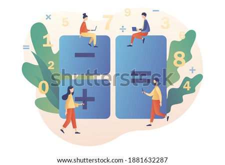 Calculator concept. Tiny people with calculating. Accounting, financial analytics, bookkeeping,  budget calculation, audit debit and credit calculations. Modern flat cartoon style. Vector illustration