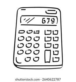 Calculator. Contour, abstract drawing by hand, doodle. Black on white background, vector.