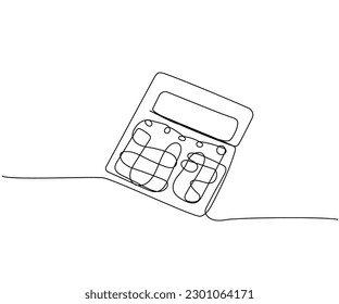 Calculadora, cuenta, contabilidad, arte de una línea. Dibujo continuo de línea de banco, dinero, finanzas, finanzas, pagos, datos, ahorros, economía, riqueza, crédito