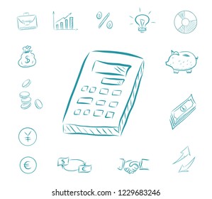 Calculator count icon finance set. Business icons with piggy bank, charts, money exchange, businessman handshake, idea bulb, arrows