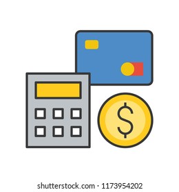 calculator, credit card and coin, interest rate icon concept, bank and financial related icon, filled outline editable stroke
