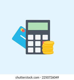 Calculator with credit card and coins. Monthly expense planning. Profit and savings concept. Vector illustration.