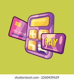 Calculadora con tarjeta de crédito y botón de pago. Ilustración de elementos empresariales y ficticios