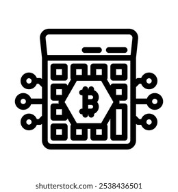 Vector de icono de línea de minería de criptomonedas de calculadora. signo de minería de criptomonedas de calculadora. símbolo de contorno aislado ilustración negra