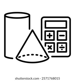 Calculator, cylinder, cone, math, education, mathematics, pyramid round line vector icon with editable stroke 