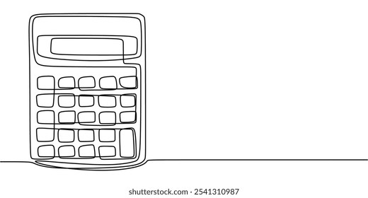 Calculator depicted in a continuous one line drawing. Banking and finance concept. Minimalist hand-drawn illustration.