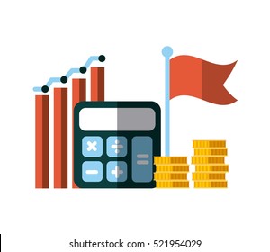 calculator device with gold coins and graphic chart over white background. invest money and business concept. colorful design. vector illustration