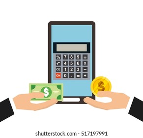 calculator device and human hands holding a money bills and coins over white background. tax design. vector illustration
