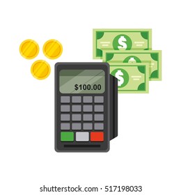 calculator device and money green bills and gold coins over background. tax design. vector illustration