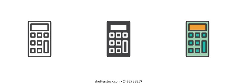 Calculator different style icon set. Line, glyph and filled outline colorful version, outline and filled vector sign. Math, accounting symbol, logo illustration. Vector graphics