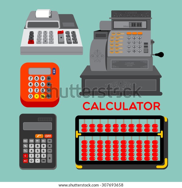 CALCULATOR Different types of calculators,\
abacus, electronic calculator or cash register displayed on the\
blue background.