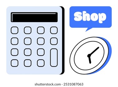 Calculadora con pantalla digital y Botones, junto con un reloj que muestra la hora y una burbuja de voz con la palabra Tienda. Ideal para negocios, compras, administración de tiempo, venta minorista y temas financieros. Sencillo