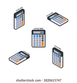 Calculator and Digital number Isometric & Flat Black Stroke and Shadow icon vector. Flat style vector illustration.