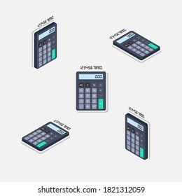 Calculadora y número digital Isometric & Flat White Stroke and Shadow icon vector. Ilustración vectorial de estilo plano.