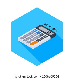 Calculadora y número digital vectorial de icono de vista izquierda isométrico. Ilustración vectorial de estilo plano.