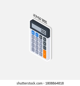Calculator and Digital number left view White Stroke and Shadow icon vector isometric. Flat style vector illustration.