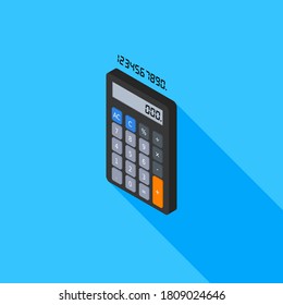 Calculadora y número digital vectorial de icono de vista izquierda isométrico. Ilustración vectorial de estilo plano.