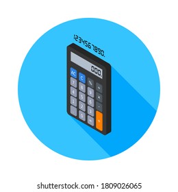 Calculadora y número digital vectorial de icono de vista izquierda isométrico. Ilustración vectorial de estilo plano.