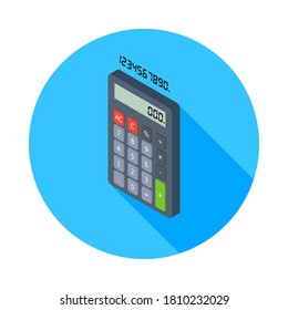 Calculadora y número digital vectorial de icono de vista izquierda isométrico. Ilustración vectorial de estilo plano.