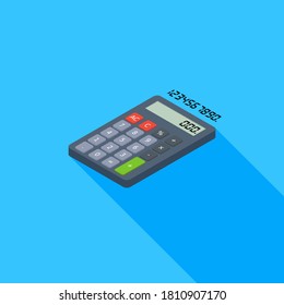 Calculadora y número digital vectorial de icono de vista izquierda isométrico. Ilustración vectorial de estilo plano.