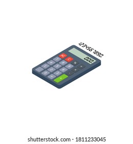 Calculator and Digital number left view White Background icon vector isometric. Flat style vector illustration.