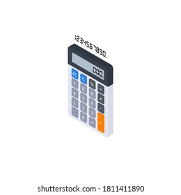 Calculator and Digital number left view White Background icon vector isometric. Flat style vector illustration.