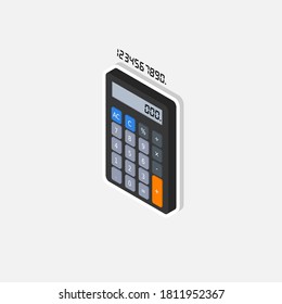 Calculator and Digital number left view White Stroke and Shadow icon vector isometric. Flat style vector illustration.