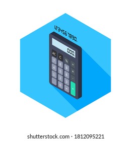 Calculadora y número digital vectorial de icono de vista izquierda isométrico. Ilustración vectorial de estilo plano.