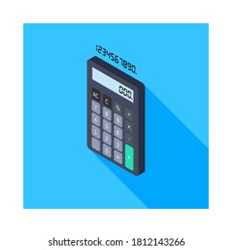 Calculadora y número digital vectorial de icono de vista izquierda isométrico. Ilustración vectorial de estilo plano.
