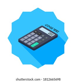 Calculadora y número digital vectorial de icono de vista izquierda isométrico. Ilustración vectorial de estilo plano.