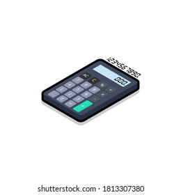 Calculator and Digital number left view Black Stroke and Shadow icon vector isometric. Flat style vector illustration.