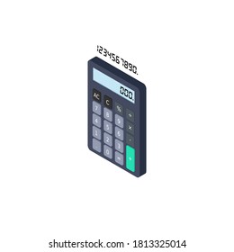 Calculator and Digital number left view White Background icon vector isometric. Flat style vector illustration.