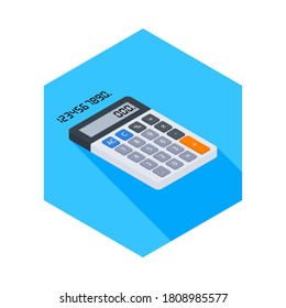 Calculadora y número digital vectorial de icono de vista derecha isométrico. Ilustración vectorial de estilo plano.