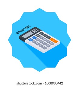 Calculadora y número digital vectorial de icono de vista derecha isométrico. Ilustración vectorial de estilo plano.