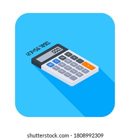 Calculadora y número digital vectorial de icono de vista derecha isométrico. Ilustración vectorial de estilo plano.