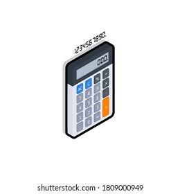 Calculadora y número digital vista derecha Black Stroke y Shadow icono vector isométrico. Ilustración vectorial de estilo plano.