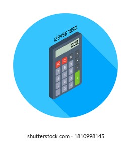 Calculadora y número digital vectorial de icono de vista derecha isométrico. Ilustración vectorial de estilo plano.