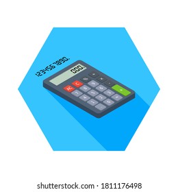 Calculadora y número digital vectorial de icono de vista derecha isométrico. Ilustración vectorial de estilo plano.