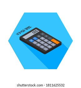 Calculadora y número digital vectorial de icono de vista derecha isométrico. Ilustración vectorial de estilo plano.