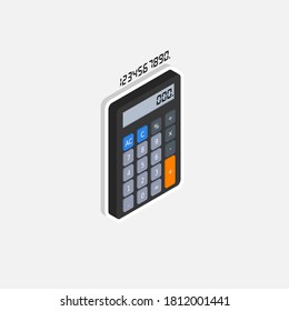 Calculadora y número digital vista derecha de la vista Iométrica del vector de icono de trazo blanco y sombra. Ilustración vectorial de estilo plano.