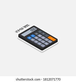 Calculator and Digital number right view White Stroke and Shadow icon vector isometric. Flat style vector illustration.