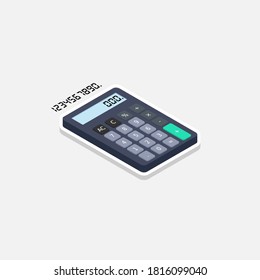 Calculator and Digital number right view White Stroke and Shadow icon vector isometric. Flat style vector illustration.